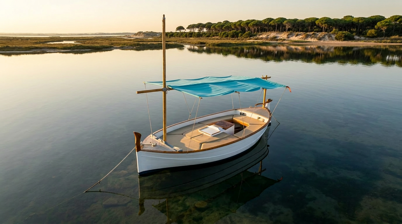A boat at golden hour on still water